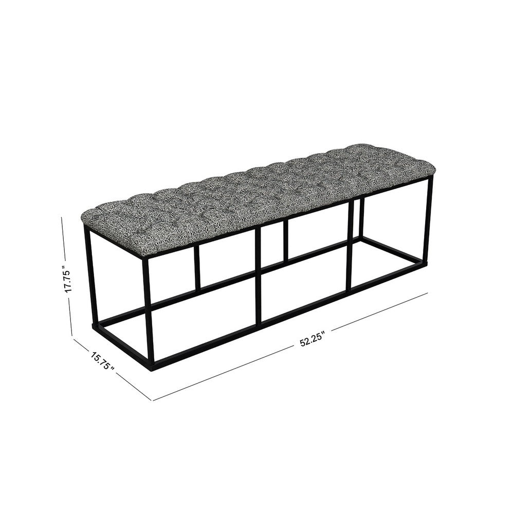 Benjara Ali Ottoman Bench, Metal, Black White Button Tufted Fabric 52 Inch