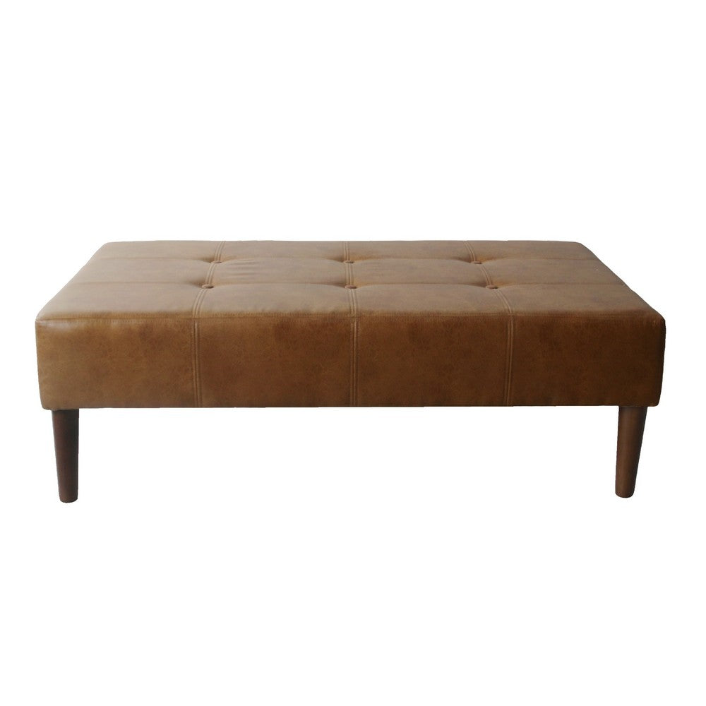 Benjara Coffee Table Ottoman, Brown Wood And Tufted Faux Leather, 46 Inch