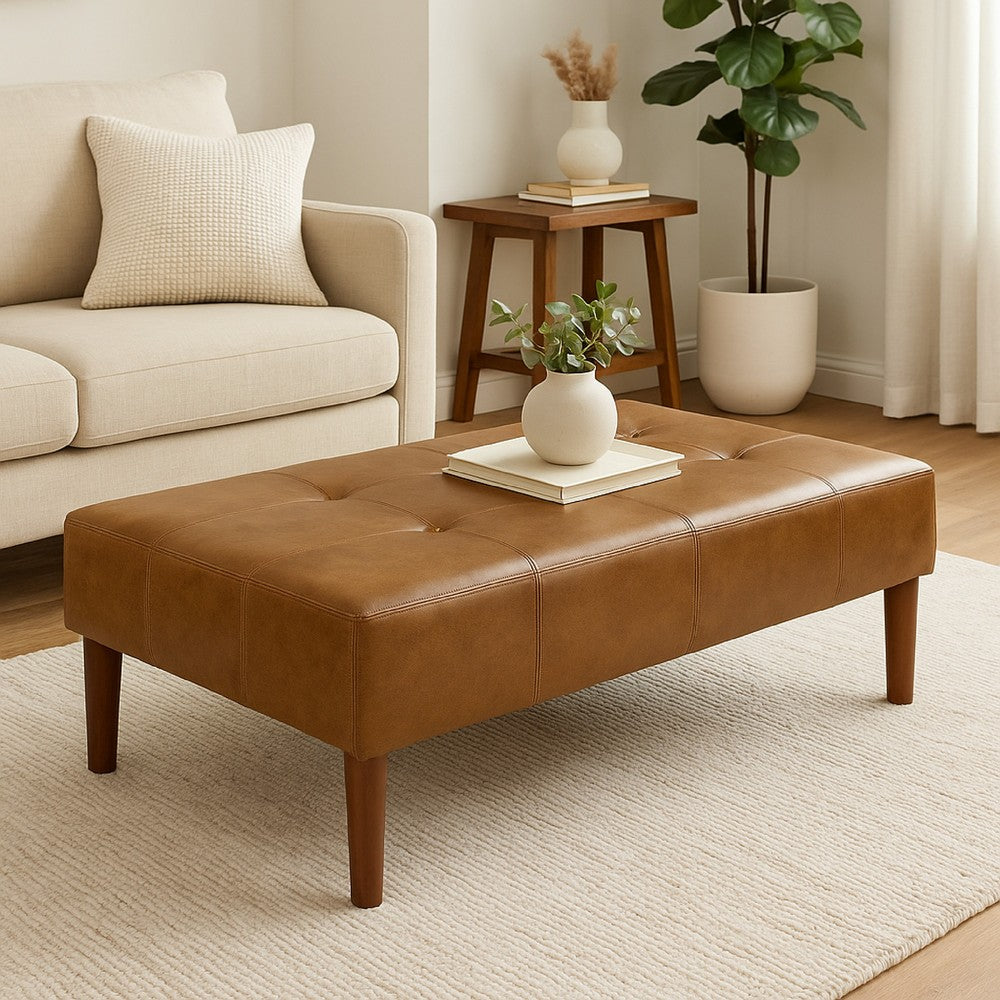 Benjara Coffee Table Ottoman, Brown Wood And Tufted Faux Leather, 46 Inch