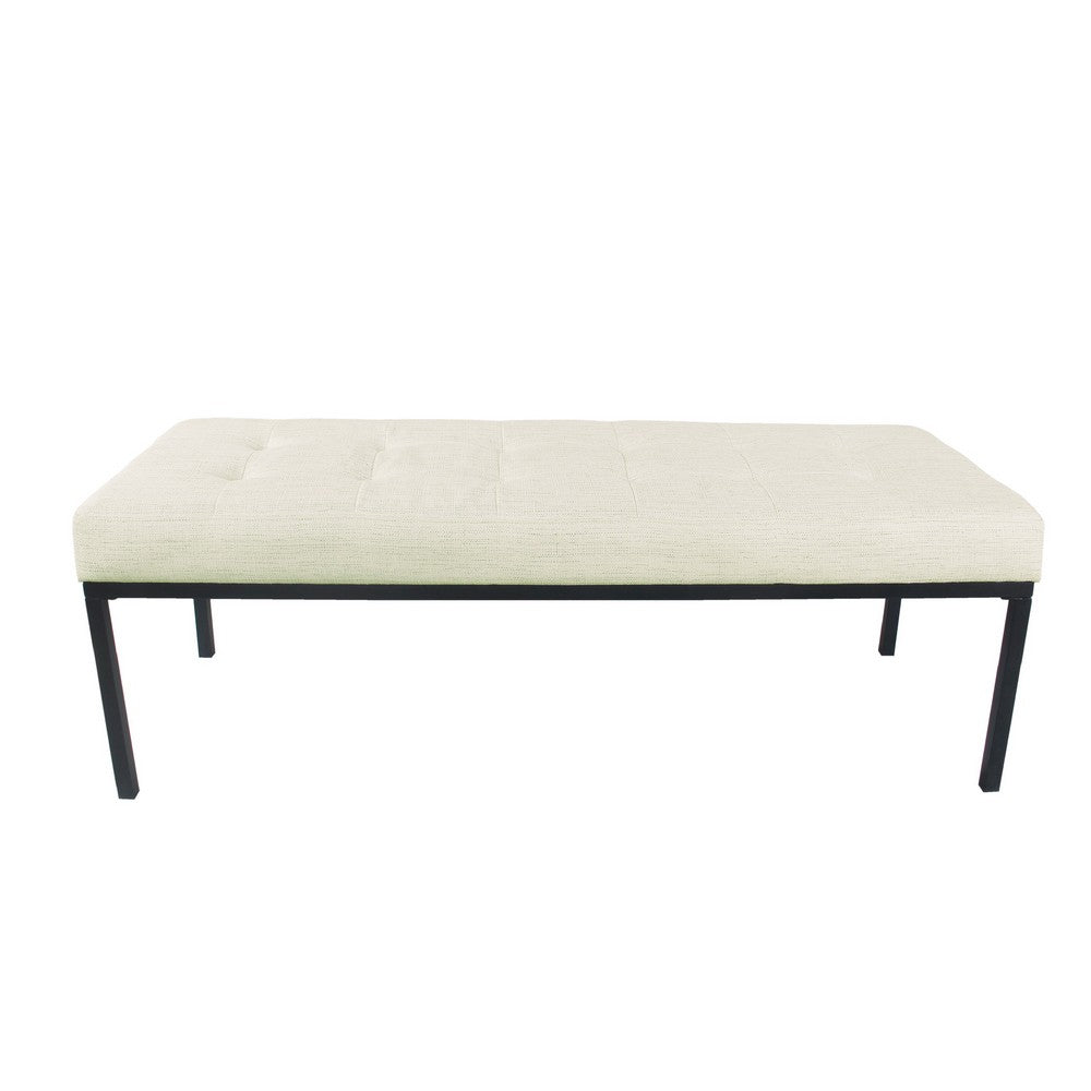 Benjara Alp Bench, Black Open Metal Frame, Cream Woven Tufted Fabric 54 Inch