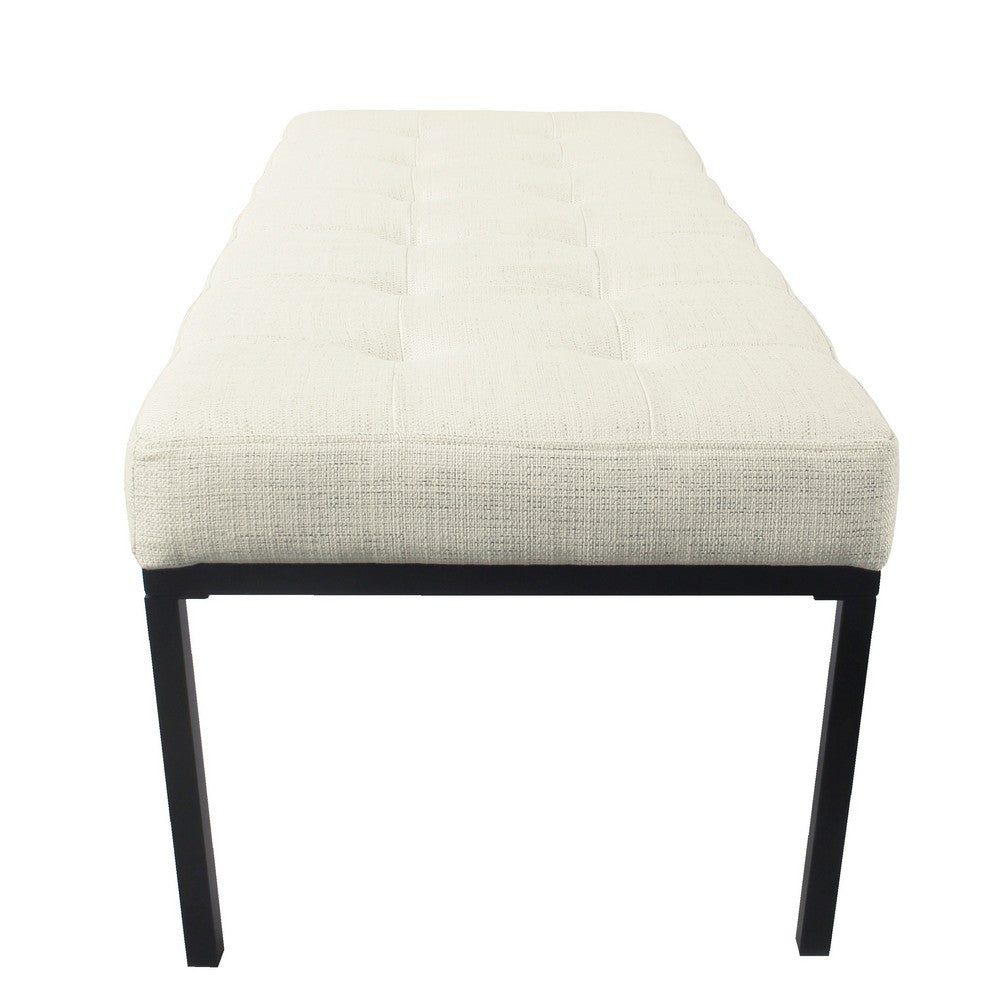 Benjara Alp Bench, Black Open Metal Frame, Cream Woven Tufted Fabric 54 Inch