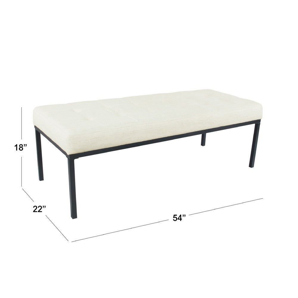 Benjara Alp Bench, Black Open Metal Frame, Cream Woven Tufted Fabric 54 Inch