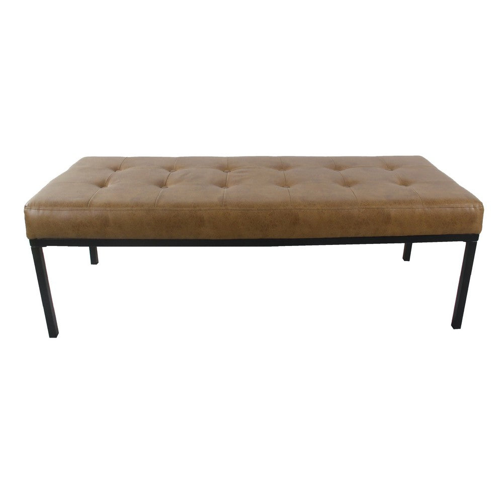 Benjara Alp Bench, Black Open Metal Frame, Brown Tufted Faux Leather 54 Inch