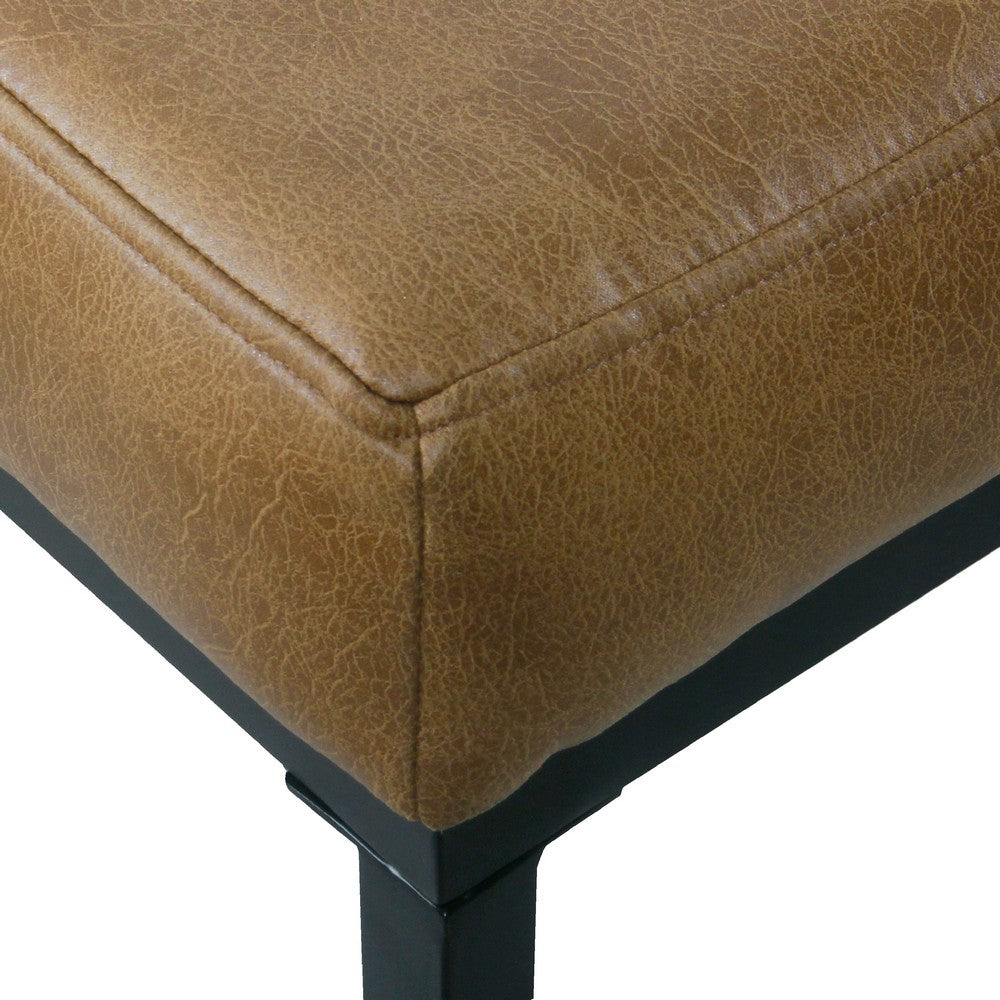 Benjara Alp Bench, Black Open Metal Frame, Brown Tufted Faux Leather 54 Inch