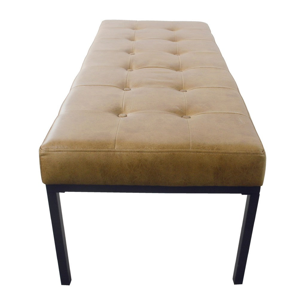 Benjara Alp Bench, Black Open Metal Frame, Brown Tufted Faux Leather 54 Inch