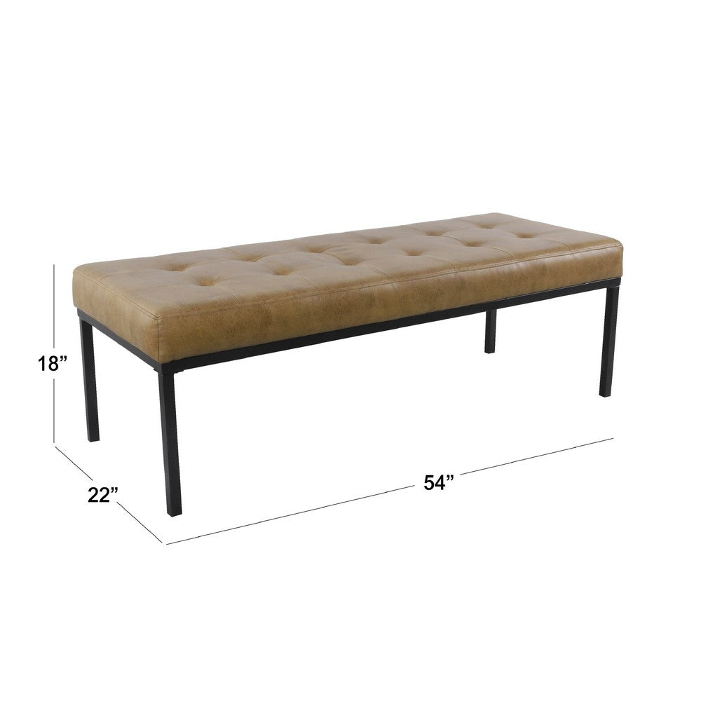 Benjara Alp Bench, Black Open Metal Frame, Brown Tufted Faux Leather 54 Inch