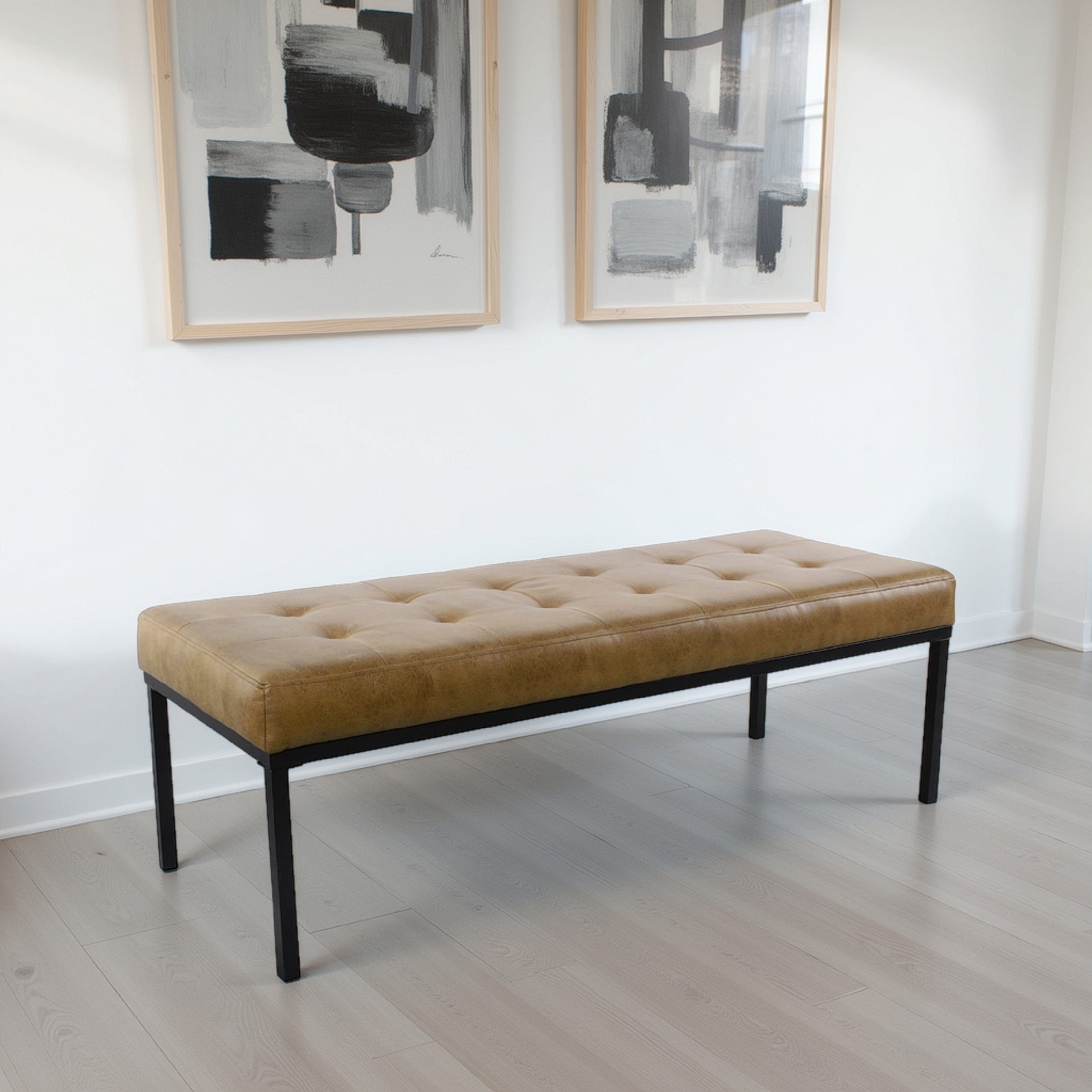 Benjara Alp Bench, Black Open Metal Frame, Brown Tufted Faux Leather 54 Inch