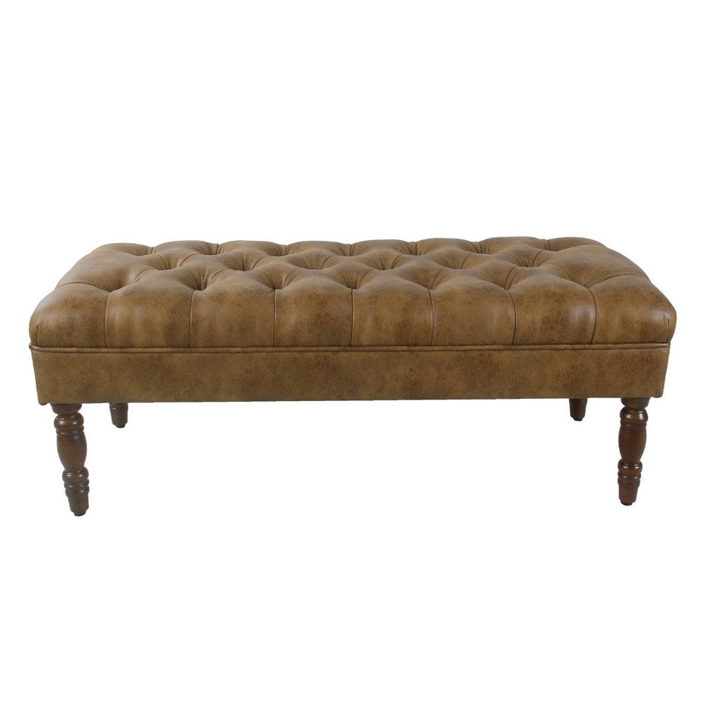 Benjara Accent Bench, Solid Wood, Brown Button Tufted Faux Leather 42 Inch