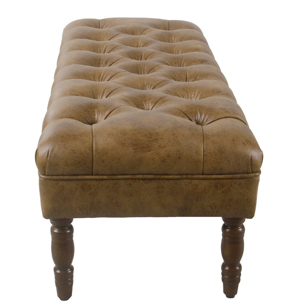 Benjara Accent Bench, Solid Wood, Brown Button Tufted Faux Leather 42 Inch