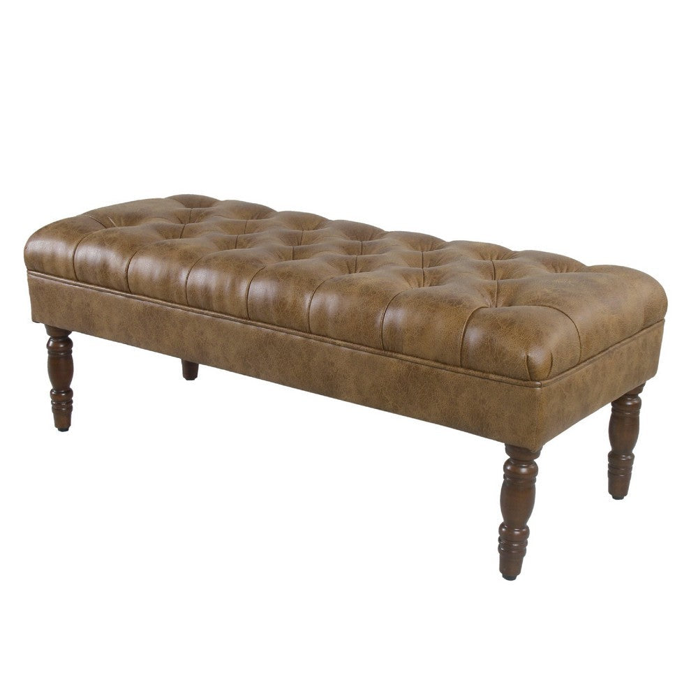 Benjara Accent Bench, Solid Wood, Brown Button Tufted Faux Leather 42 Inch