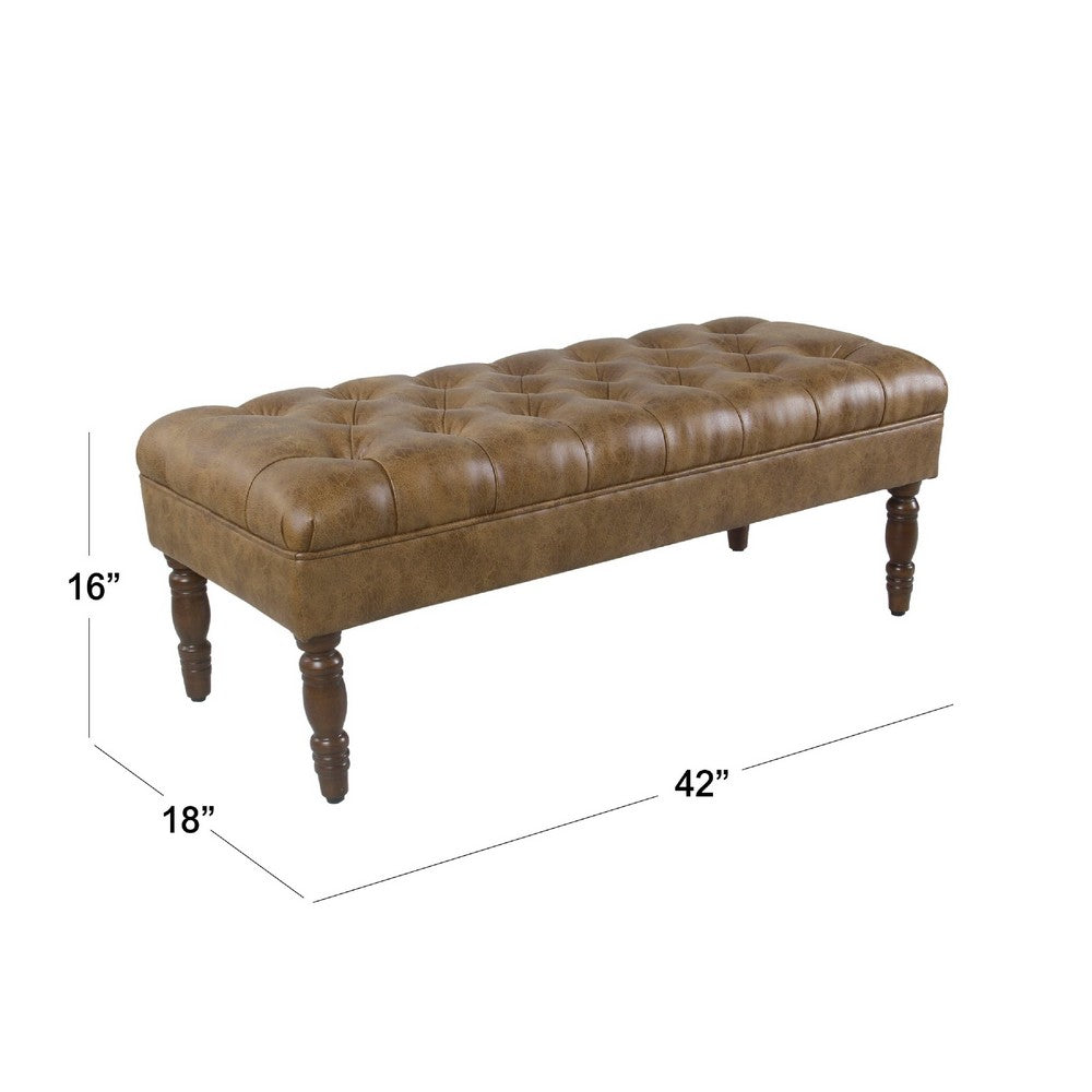 Benjara Accent Bench, Solid Wood, Brown Button Tufted Faux Leather 42 Inch