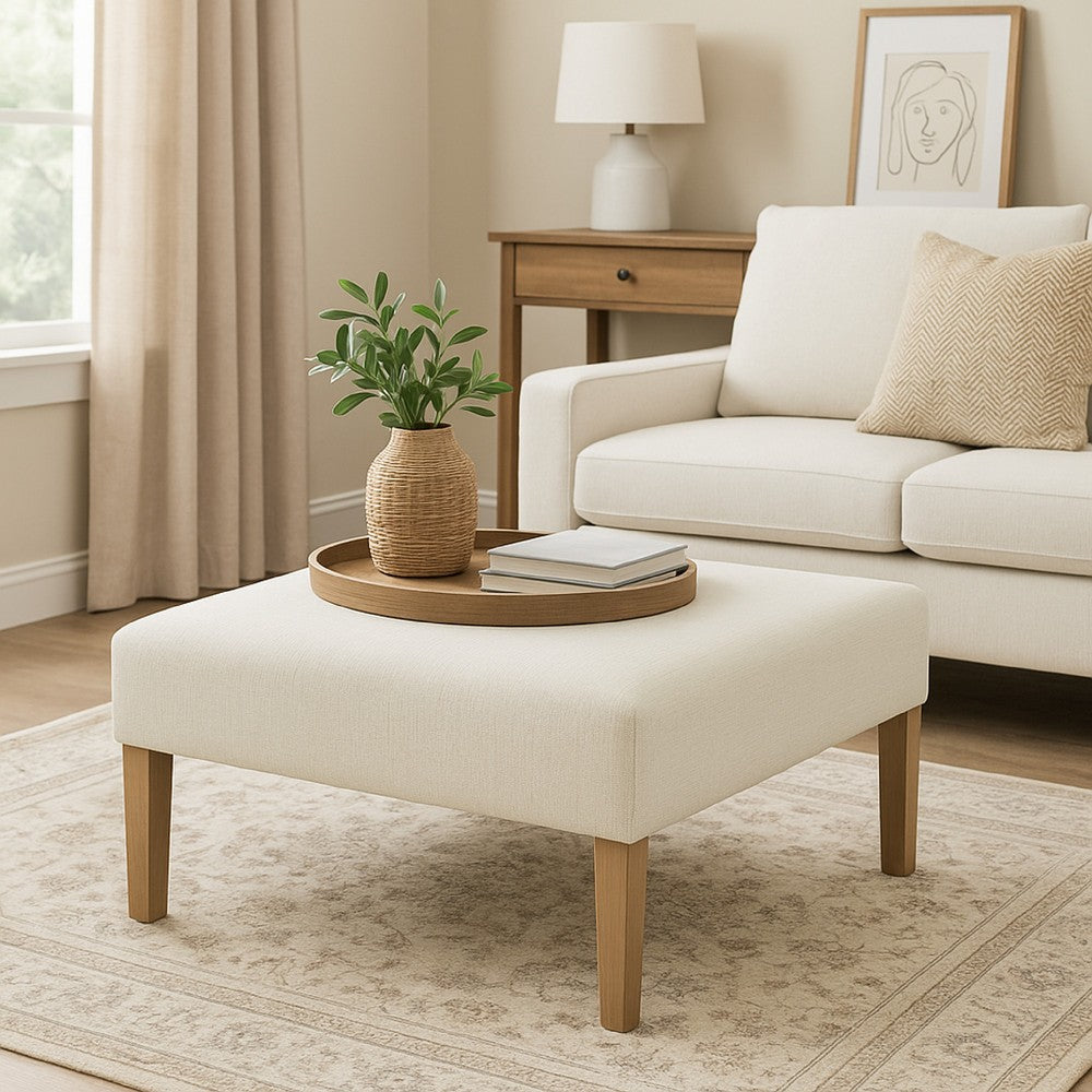 Benjara Dan Square Coffee Table Ottoman, Brown Wood, Cream Polyester 36 Inch