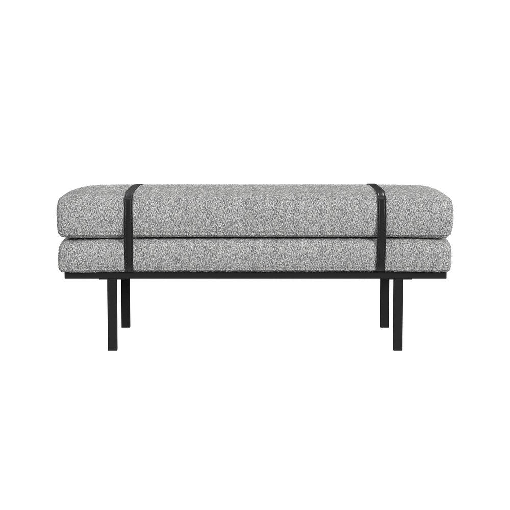 Benjara Bench, Black Metal Base, Gray Boucle And Yarn, Faux Leather, 46 Inch
