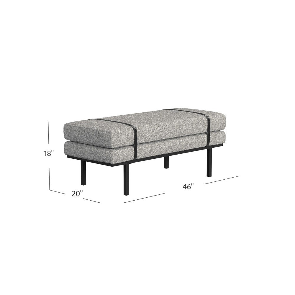 Benjara Bench, Black Metal Base, Gray Boucle And Yarn, Faux Leather, 46 Inch