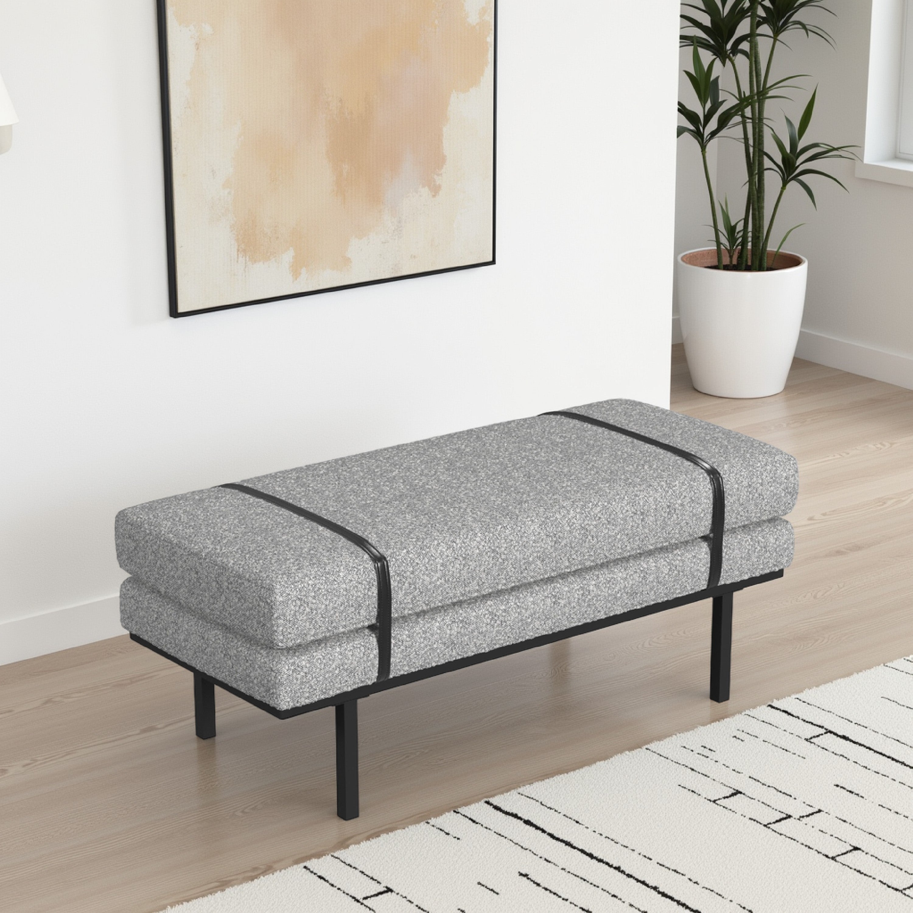 Benjara Bench, Black Metal Base, Gray Boucle And Yarn, Faux Leather, 46 Inch