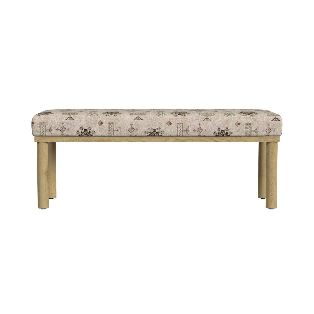 Benjara Fin Bench, Cream Global Polyester Patterns, Natural Wood, 48 Inch