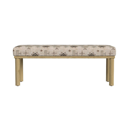 Benjara Fin Bench, Cream Global Polyester Patterns, Natural Wood, 48 Inch
