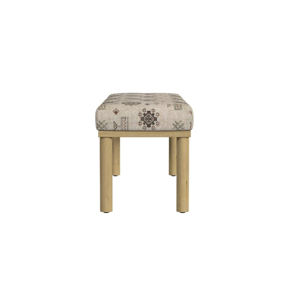 Benjara Fin Bench, Cream Global Polyester Patterns, Natural Wood, 48 Inch