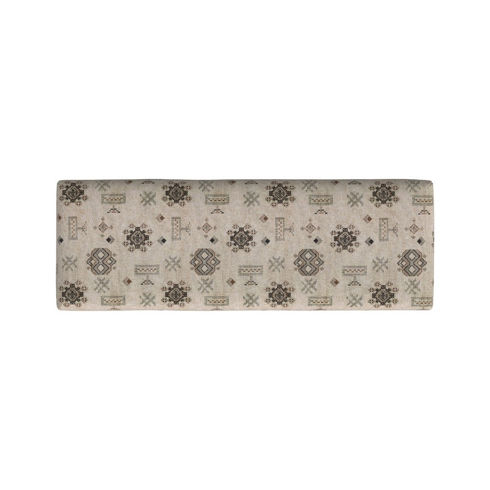 Benjara Fin Bench, Cream Global Polyester Patterns, Natural Wood, 48 Inch