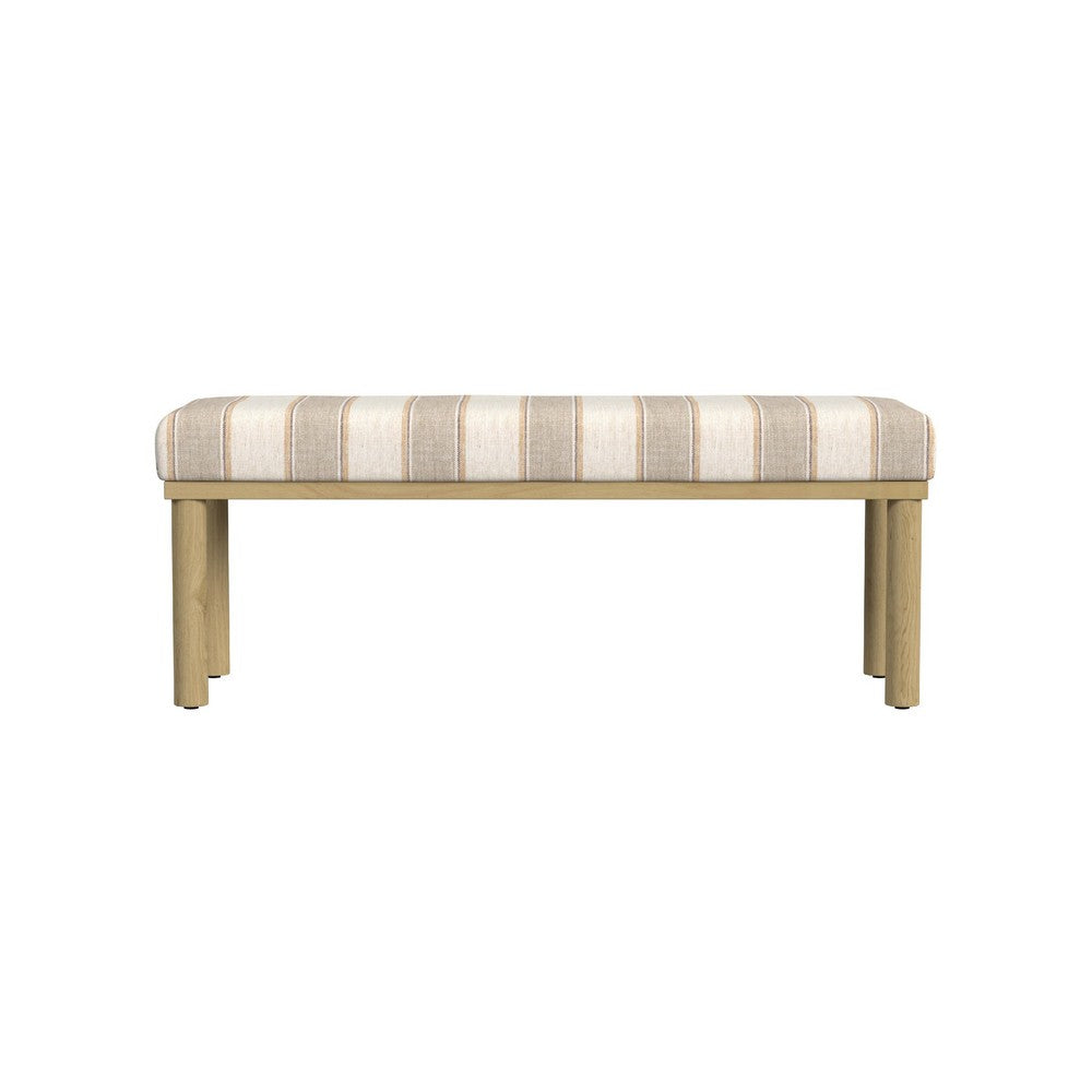 Benjara Fin Bench, Natural Brown Wood, Striped Tan Cream Polyester 48 Inch