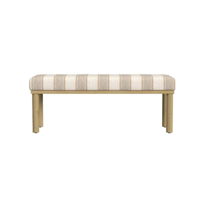 Benjara Fin Bench, Natural Brown Wood, Striped Tan Cream Polyester 48 Inch