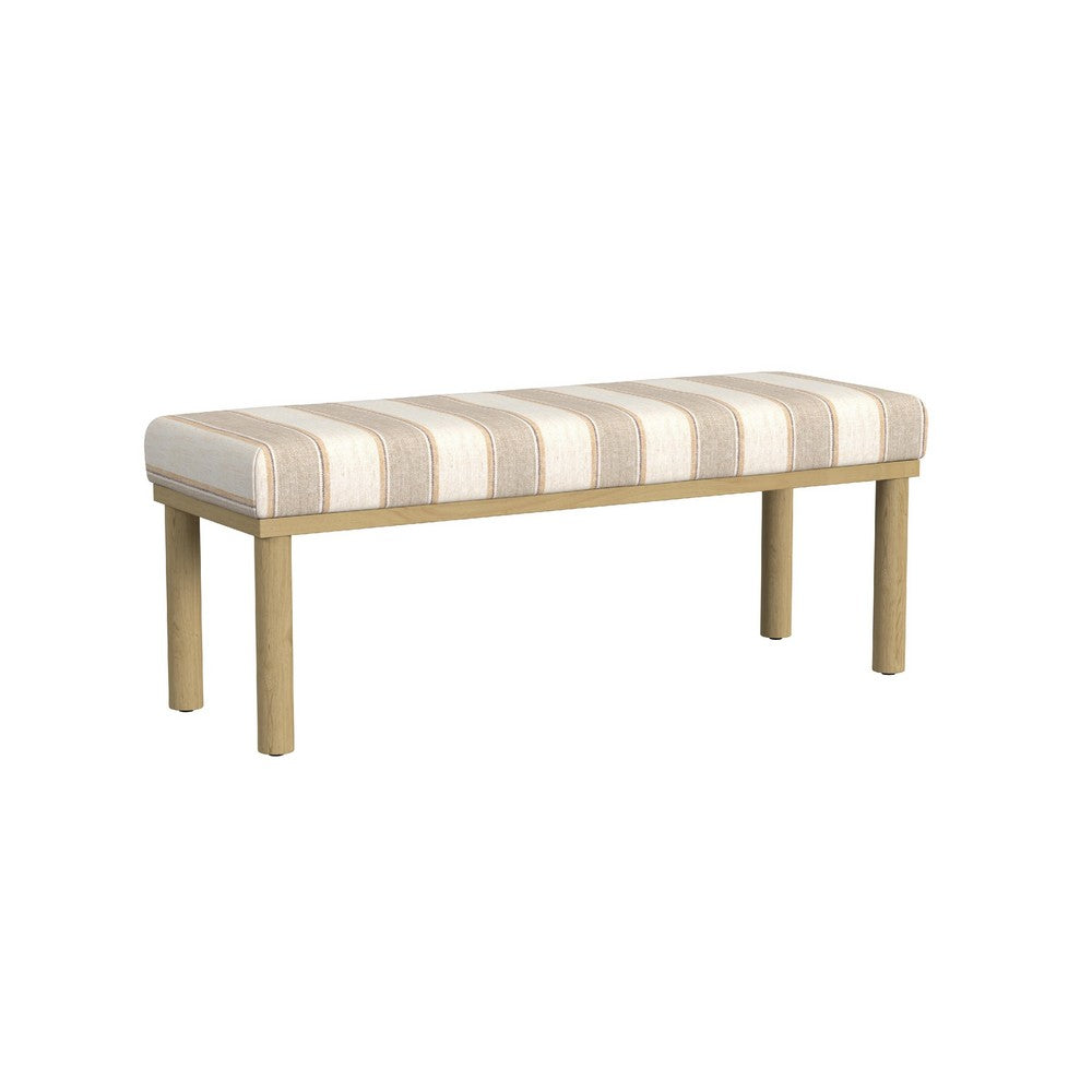 Benjara Fin Bench, Natural Brown Wood, Striped Tan Cream Polyester 48 Inch