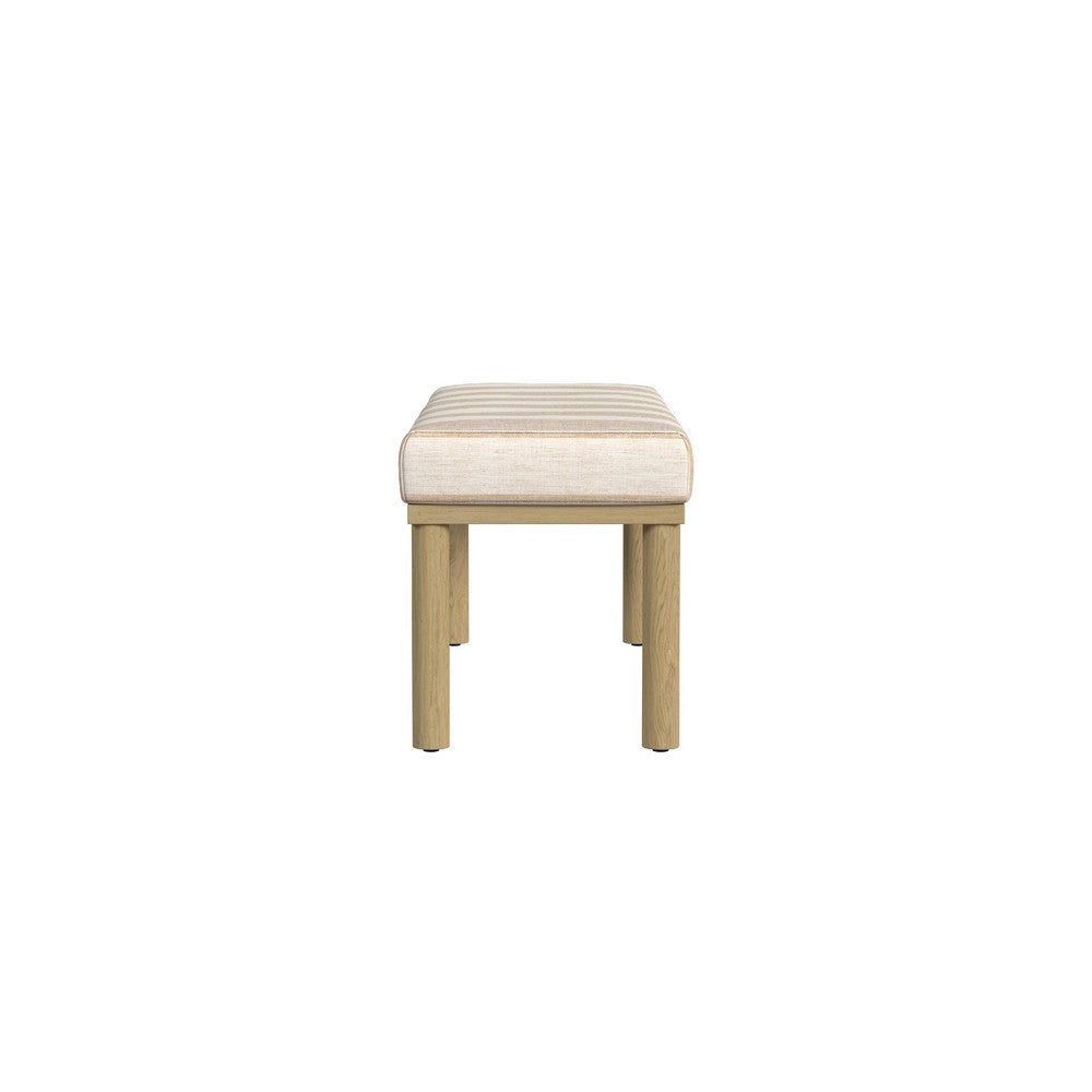 Benjara Fin Bench, Natural Brown Wood, Striped Tan Cream Polyester 48 Inch