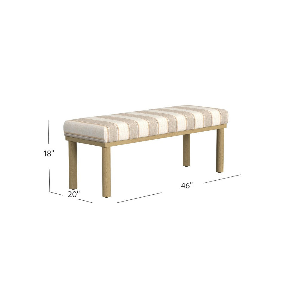 Benjara Fin Bench, Natural Brown Wood, Striped Tan Cream Polyester 48 Inch