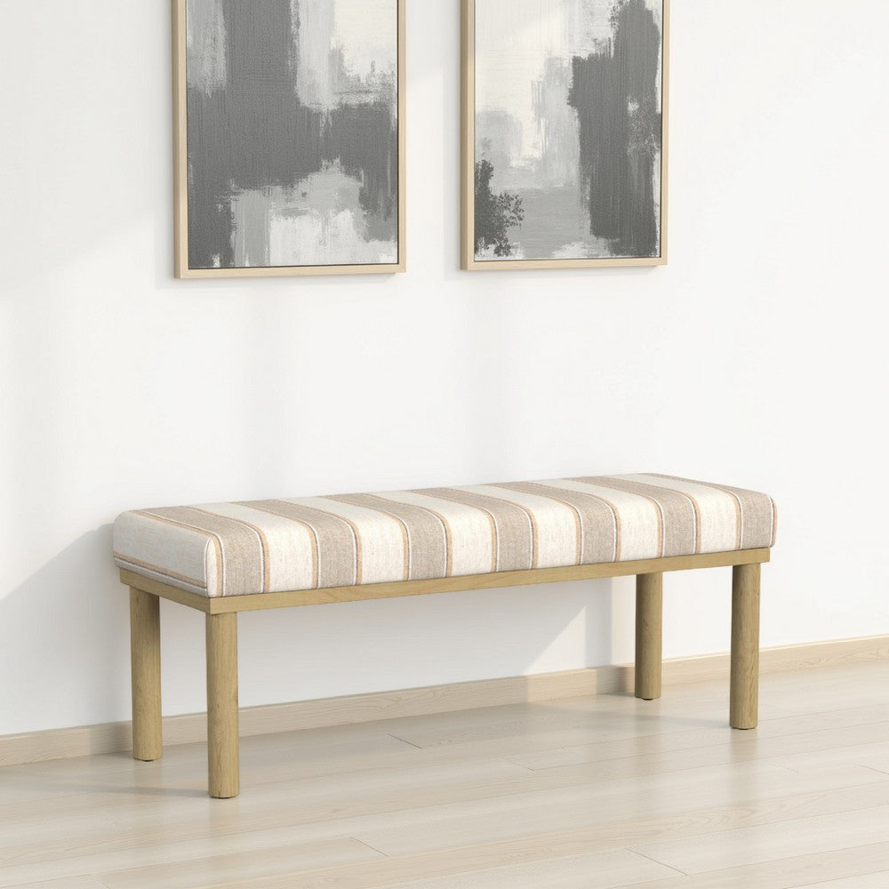 Benjara Fin Bench, Natural Brown Wood, Striped Tan Cream Polyester 48 Inch