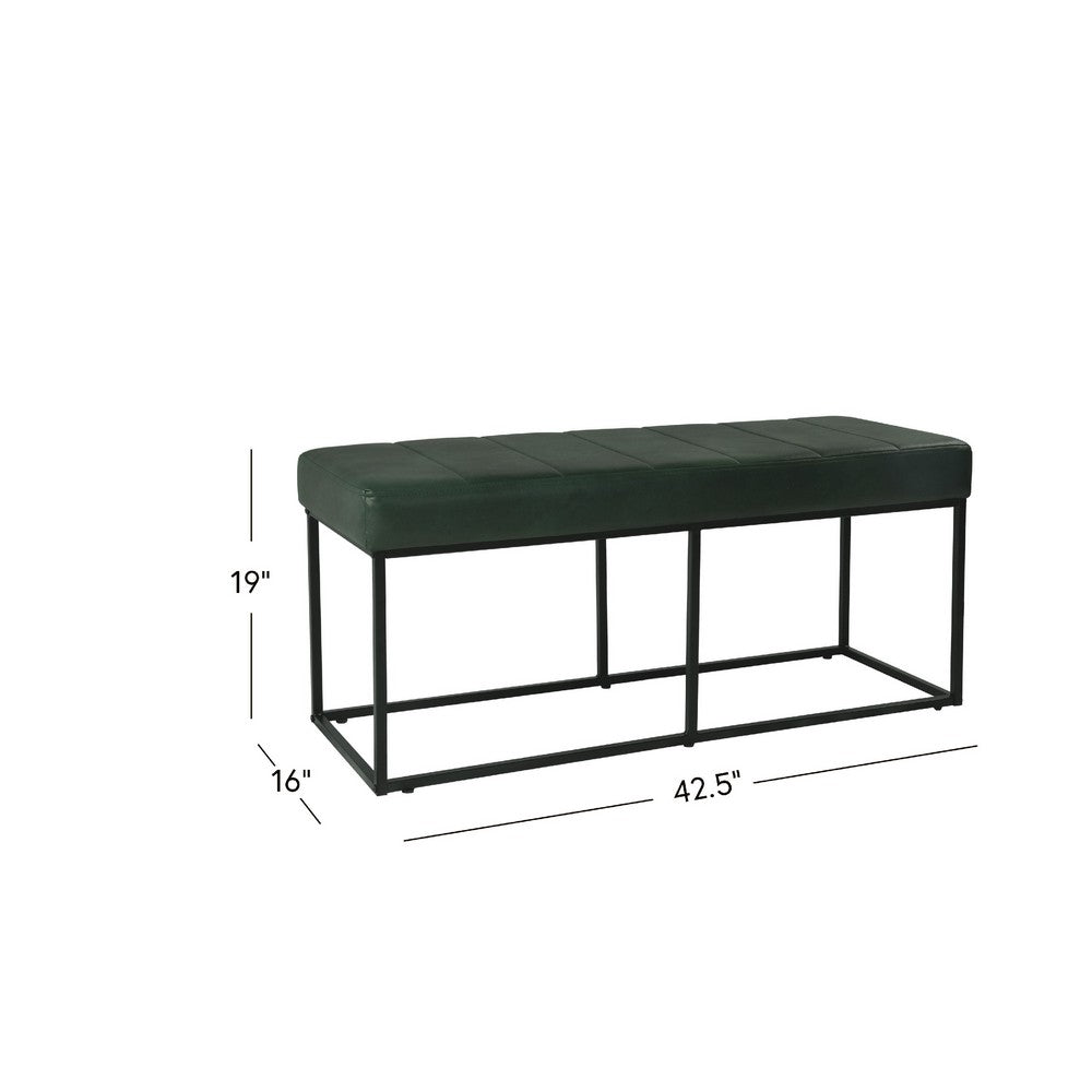 Benjara Kai Bench, Open Metal Frame, Green Channel Stitched Faux Suede 43 Inch