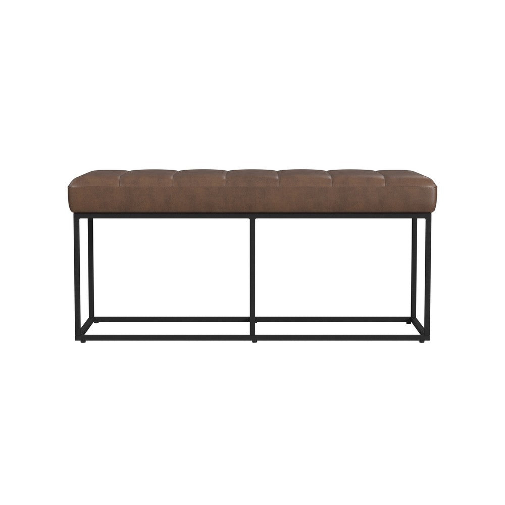 Benjara Kai Bench, Open Metal Frame, Brown Channel Stitch Faux Leather 43 Inch