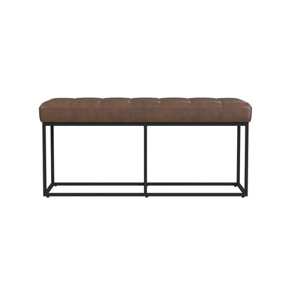 Benjara Kai Bench, Open Metal Frame, Brown Channel Stitch Faux Leather 43 Inch