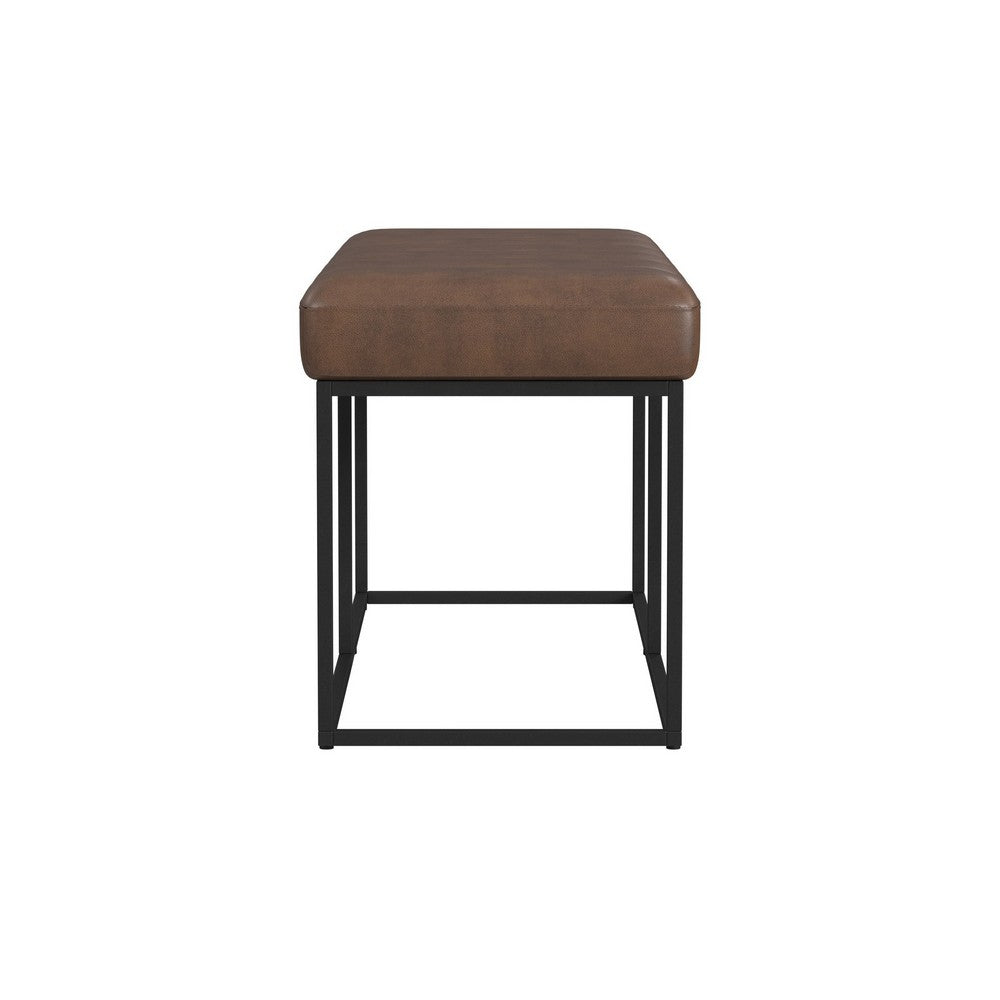 Benjara Kai Bench, Open Metal Frame, Brown Channel Stitch Faux Leather 43 Inch