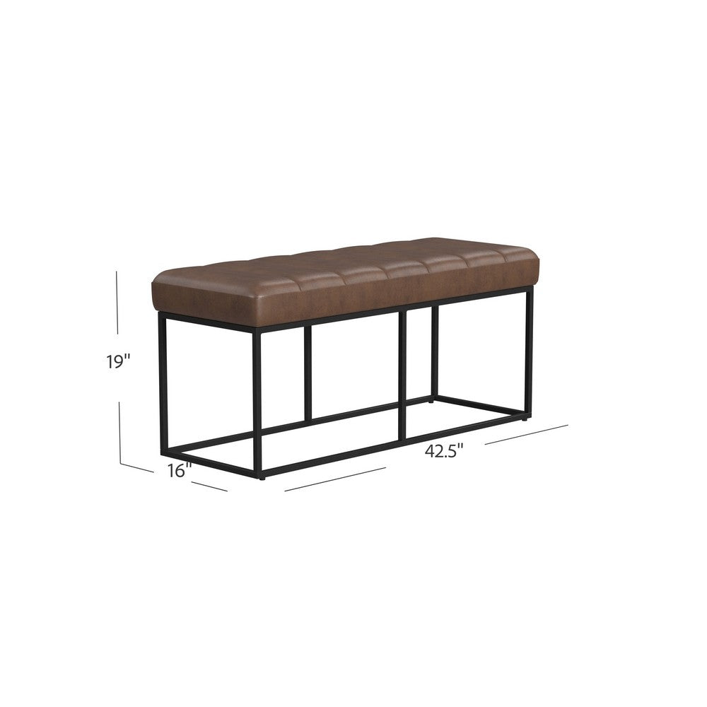 Benjara Kai Bench, Open Metal Frame, Brown Channel Stitch Faux Leather 43 Inch