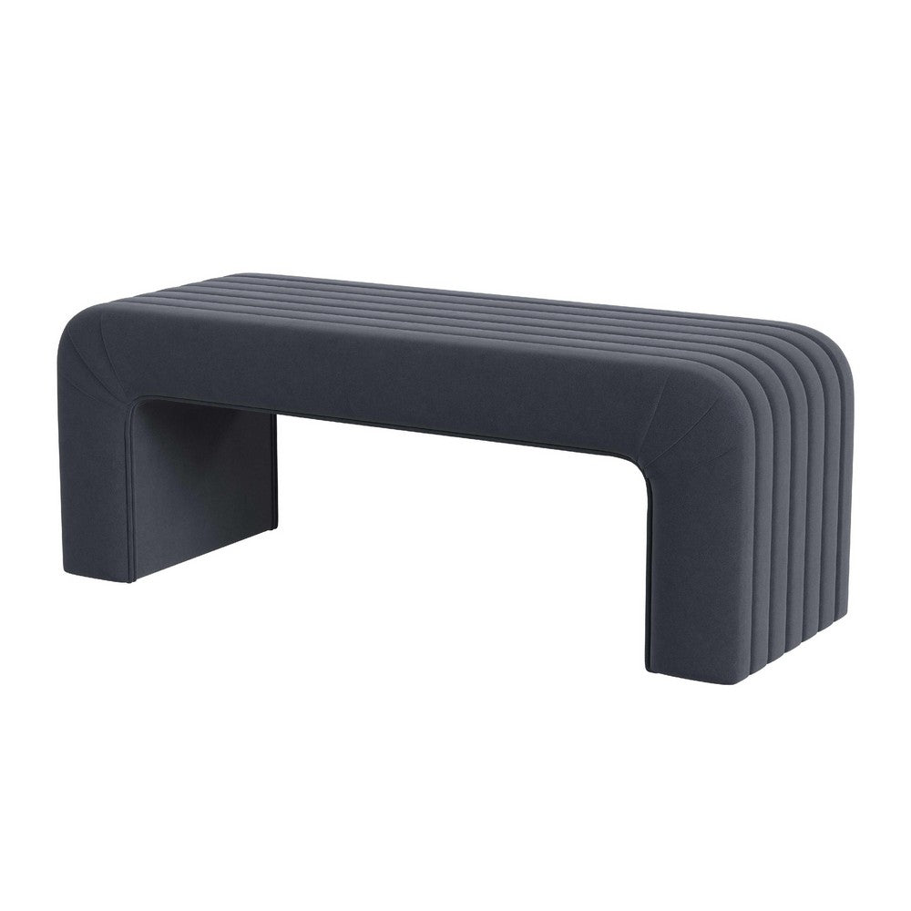 Benjara Gus Bench, Curved Arch Design, Blue Channel Tufted Velvet 48 Inch