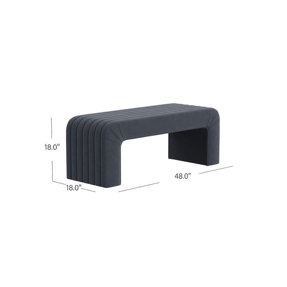 Benjara Gus Bench, Curved Arch Design, Blue Channel Tufted Velvet 48 Inch
