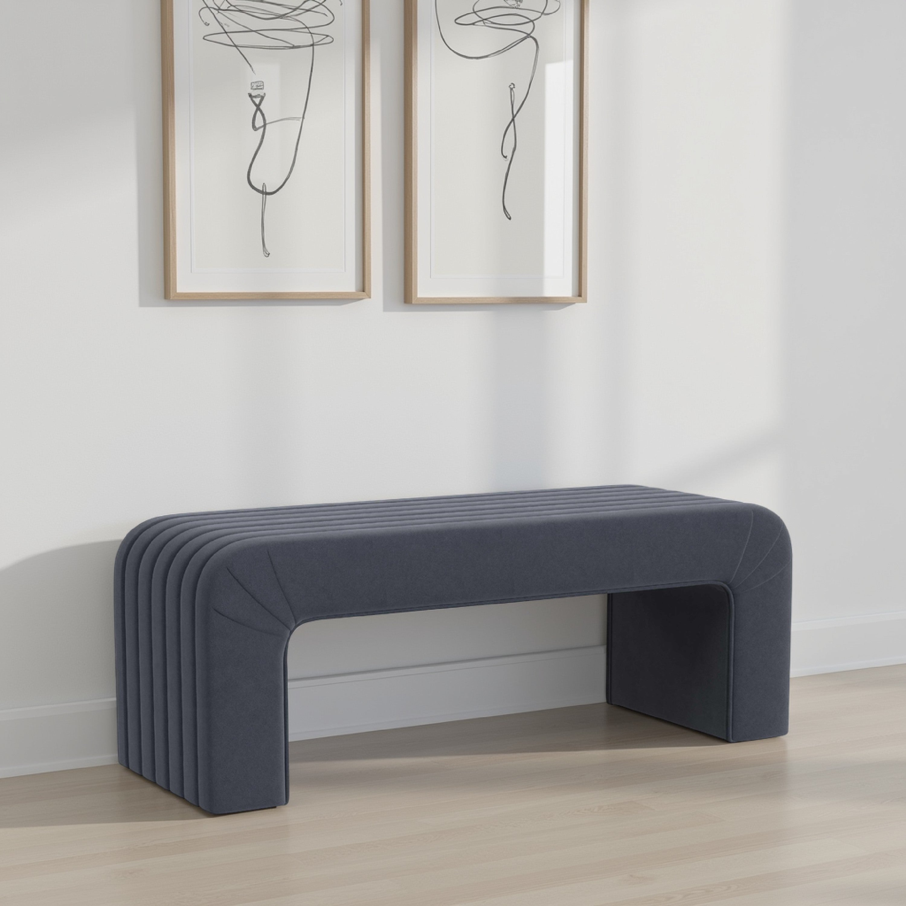 Benjara Gus Bench, Curved Arch Design, Blue Channel Tufted Velvet 48 Inch