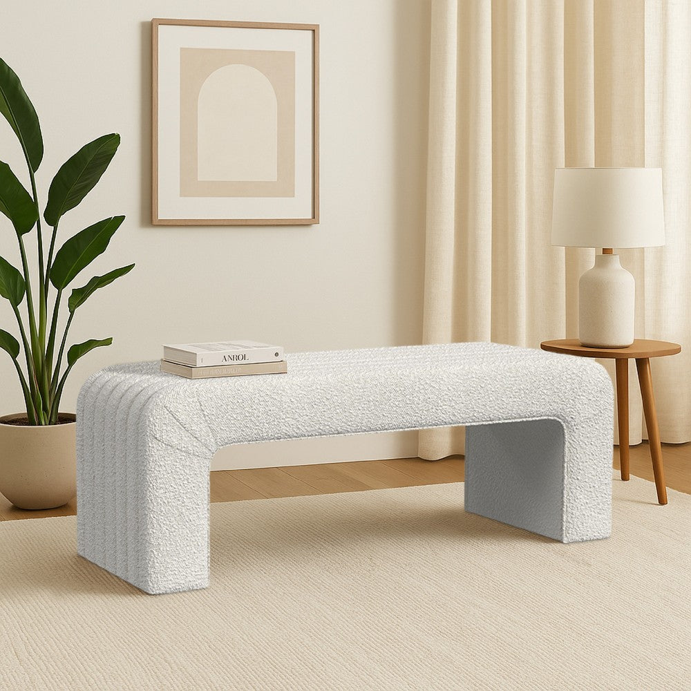 Benjara Gus Bench, Curved Arch Design, Cream Channel Tufted Velvet 48 Inch