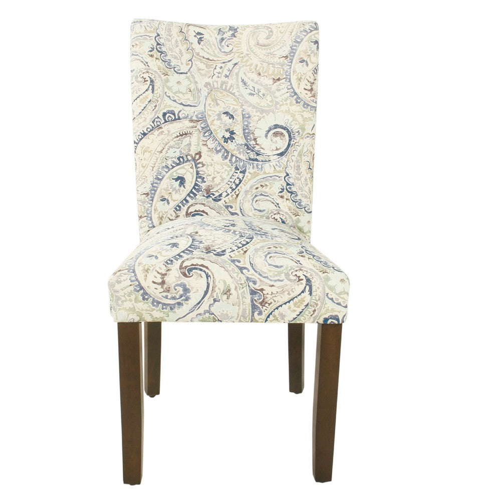 Benjara Jax Parsons Dining Chair Set of 2, Cream Blue Velvet Paisley Print