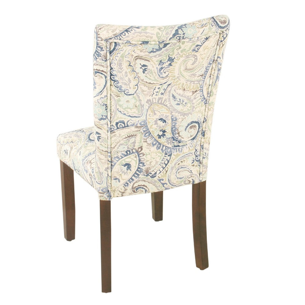 Benjara Jax Parsons Dining Chair Set of 2, Cream Blue Velvet Paisley Print