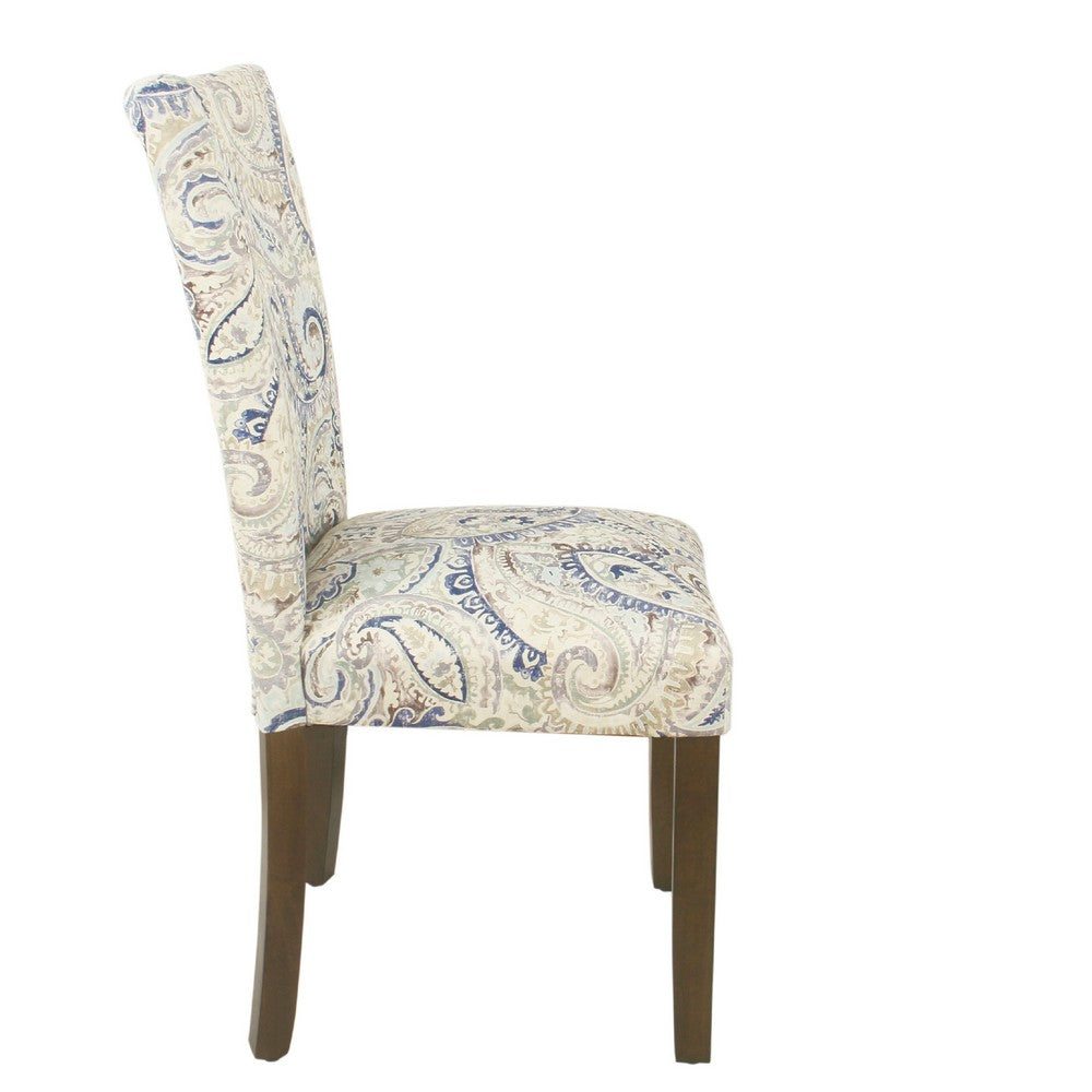 Benjara Jax Parsons Dining Chair Set of 2, Cream Blue Velvet Paisley Print