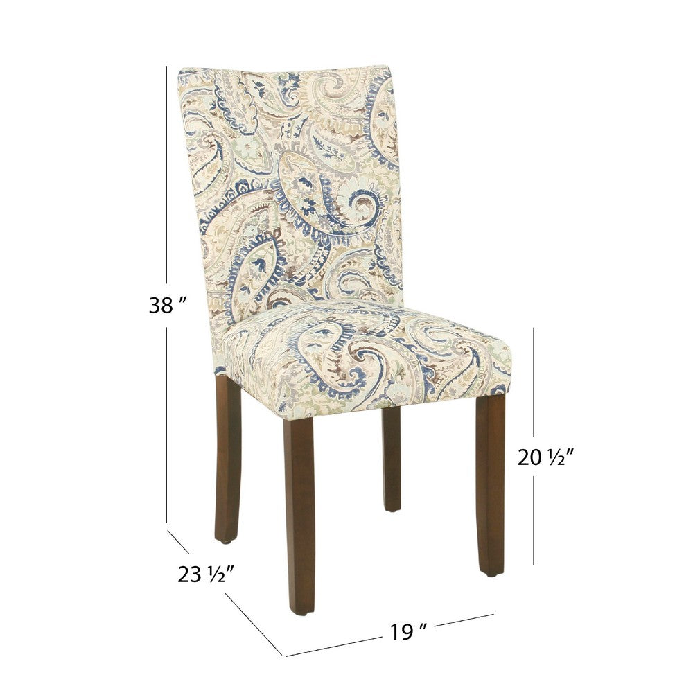 Benjara Jax Parsons Dining Chair Set of 2, Cream Blue Velvet Paisley Print
