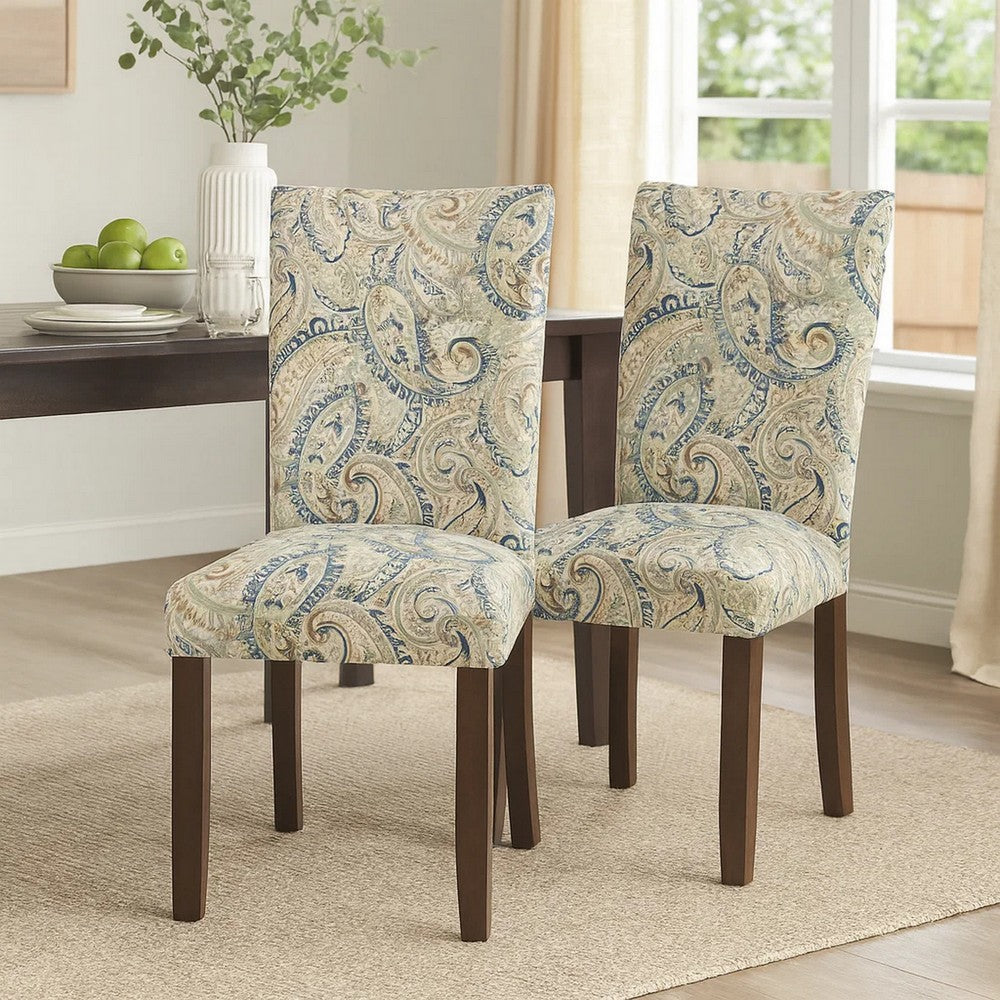 Benjara Jax Parsons Dining Chair Set of 2, Cream Blue Velvet Paisley Print