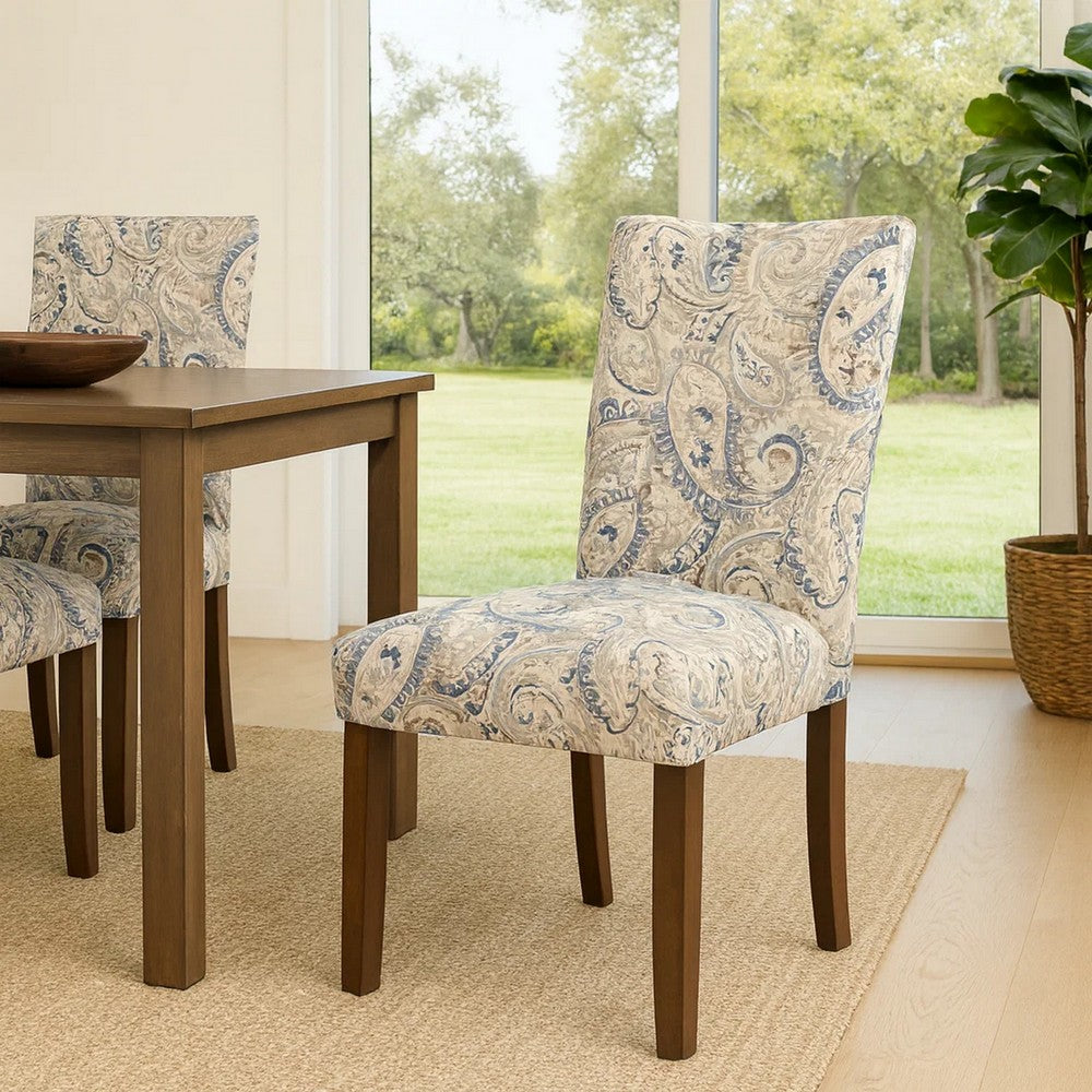 Benjara Jax Parsons Dining Chair Set of 2, Cream Blue Velvet Paisley Print