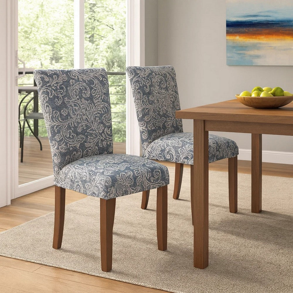 Benjara Jax Parsons Dining Chair Set of 2, Blue Jacobean Print Polyester