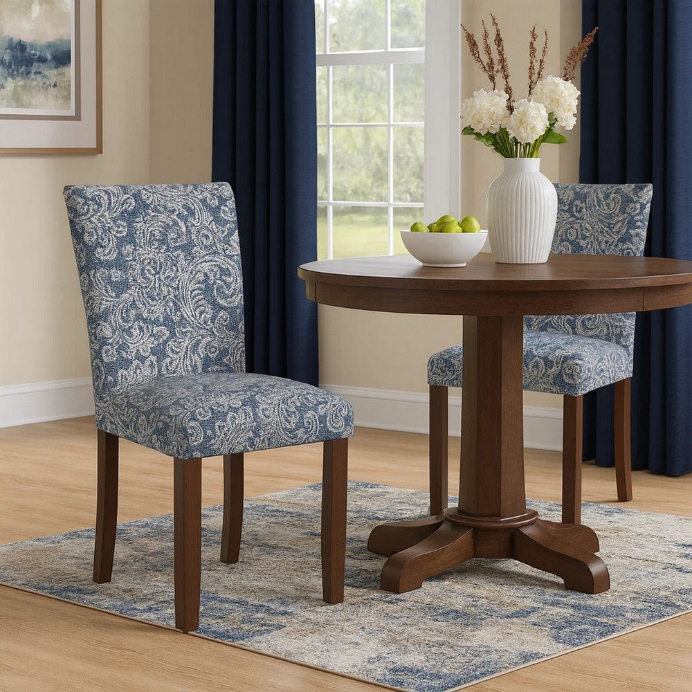 Benjara Jax Parsons Dining Chair Set of 2, Blue Jacobean Print Polyester