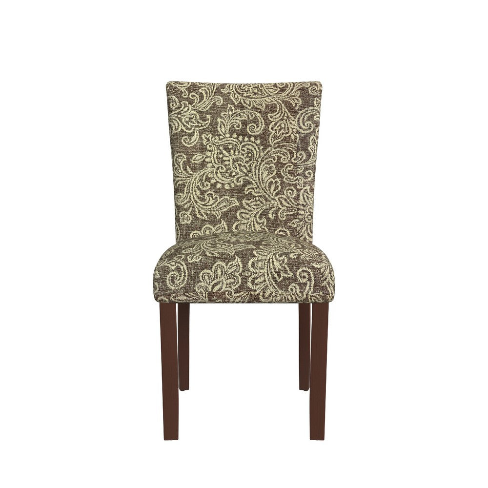 Benjara Jax Parsons Dining Chair Set of 2, Brown Jacobean Print Polyester