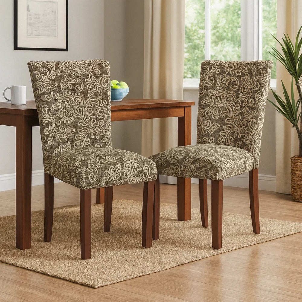 Benjara Jax Parsons Dining Chair Set of 2, Brown Jacobean Print Polyester