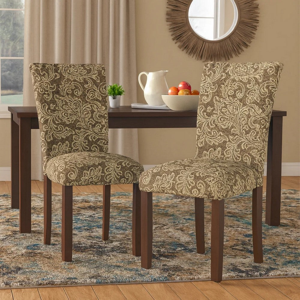Benjara Jax Parsons Dining Chair Set of 2, Brown Jacobean Print Polyester