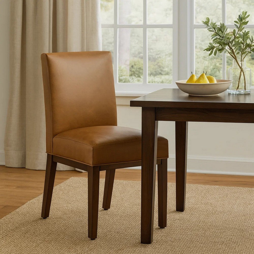 Benjara Jan Dining Chair with Espresso Wood Legs, Caramel Brown Faux Leather